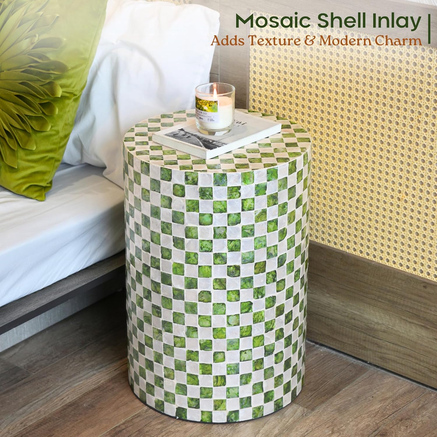 Chi An Home 19.3” Checkered Capiz Shells Drum End Table, Decorative Cylinder Side Table & Garden Stool, Round Pedestal Accent Table for Living Room, Bedroom, Indoor & Outdoor (Pistachio Green)
