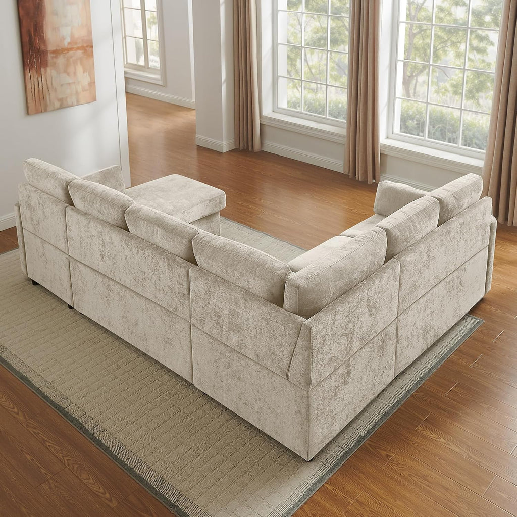 112'' Sectional Sleeper Sofa with Pull Out Bed, U Shaped 7 Seater Modular Sectional Sofa with Storage Chaise, Modern Sectional Sofas & Couches with 4 Pillows, Chenille Sofa Bed for Living Room, Camel