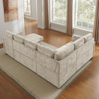 112'' Sectional Sleeper Sofa with Pull Out Bed, U Shaped 7 Seater Modular Sectional Sofa with Storage Chaise, Modern Sectional Sofas & Couches with 4 Pillows, Chenille Sofa Bed for Living Room, Camel