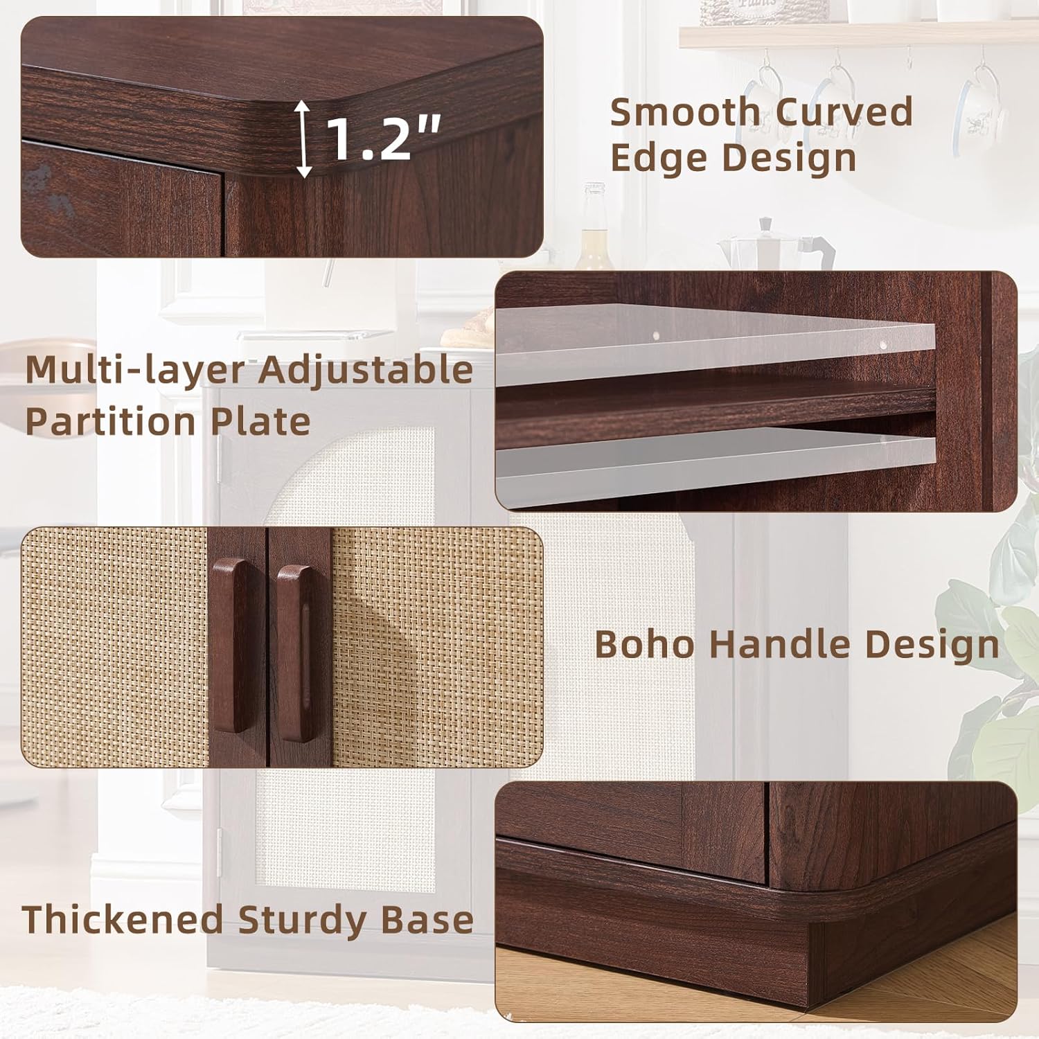 LEYAOYAO Rattan Sideboard Buffet Cabinet with Storage, 31.5" Coffee Bar Cabinet with Arch Doors & Adjustable Shelves, Wood Credenza, Boho Accent Cabinet for Kitchen, Living Room, Walnut