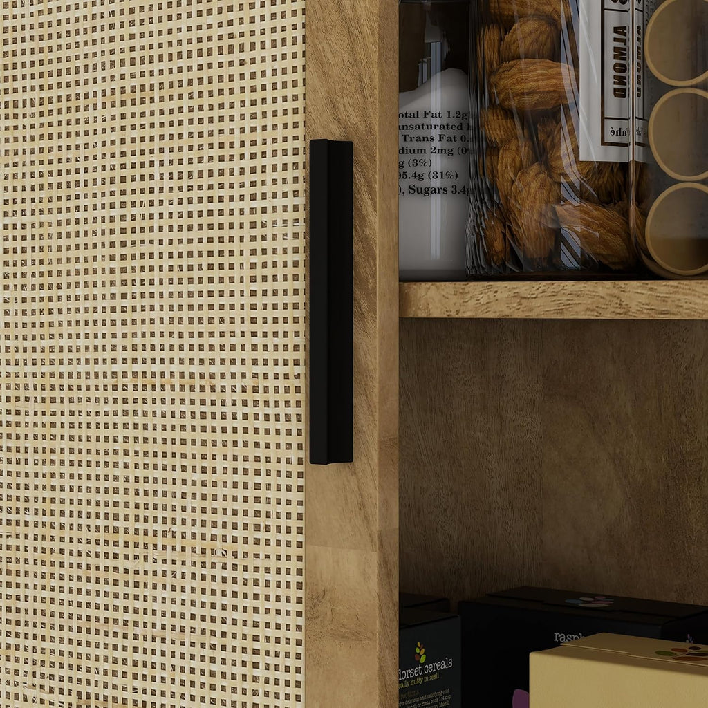 72" Tall Kitchen Pantry Storage Cabinet, Freestanding Buffet with 4 Rattan & Adjustable Shelves, Utility Cupboard Large Sideboard for Kitchen, Dining Room, Natural
