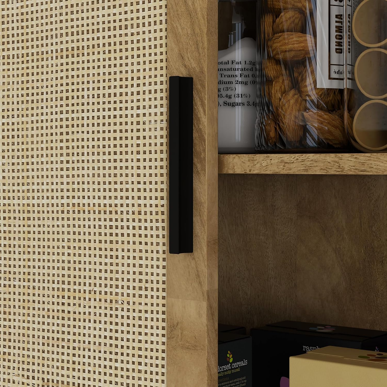 72" Tall Kitchen Pantry Storage Cabinet, Freestanding Buffet with 4 Rattan & Adjustable Shelves, Utility Cupboard Large Sideboard for Kitchen, Dining Room, Natural