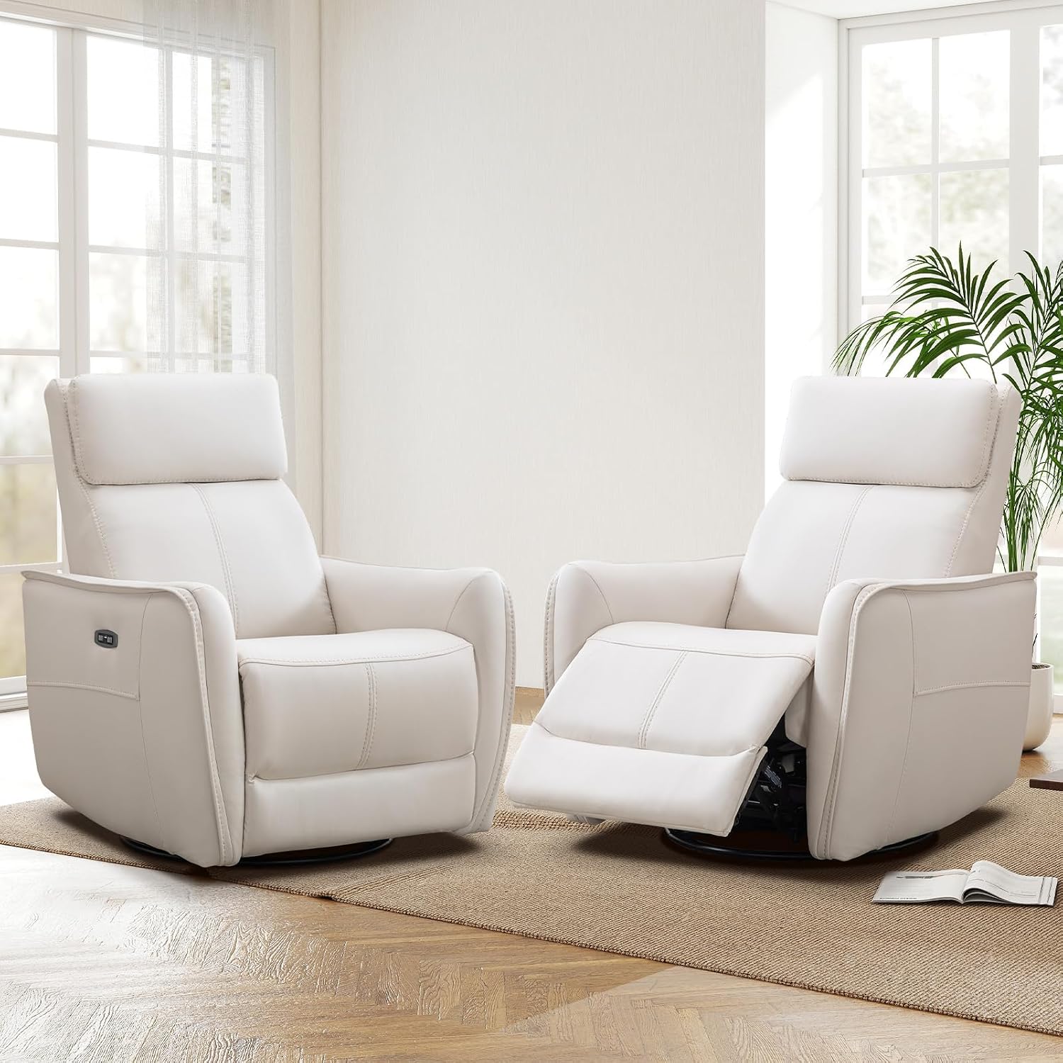 CANMOV Power Recliner Swivel Glider, Electric Swivel Rocker Recliners, Leatheraire Chair, Nursery Rocking Recliner Chair Reclining Sofa for Living Room, USB&Type-C Port, Cream White