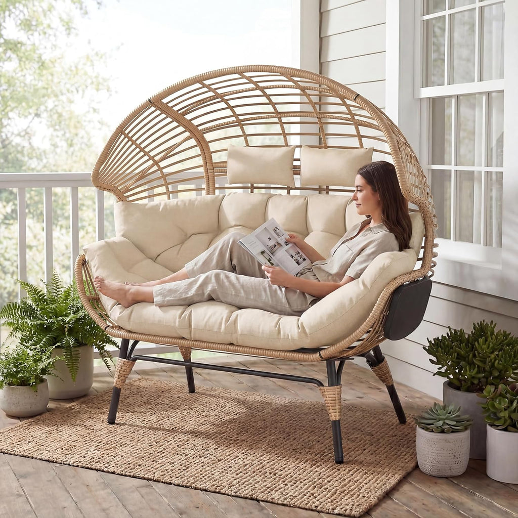 Double Wicker Egg Chair Outdoor Indoor - 2-Person Oversized Loveseat with 8" Thickened Paded Cushion - 700 lbs Weight Capacity Patio Lounge Chair for Balcony Porch Backyard (Beige Radial)