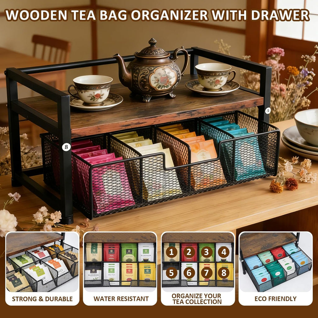 Tea Bag Organizer, Tea Bag Organizers and Storage with Drawer, Tea Bag Holder Natural Wood & Metal with 8 Compartments, Tea Storage Chest Container Box for Countertop Kitchen with 4 Hooks