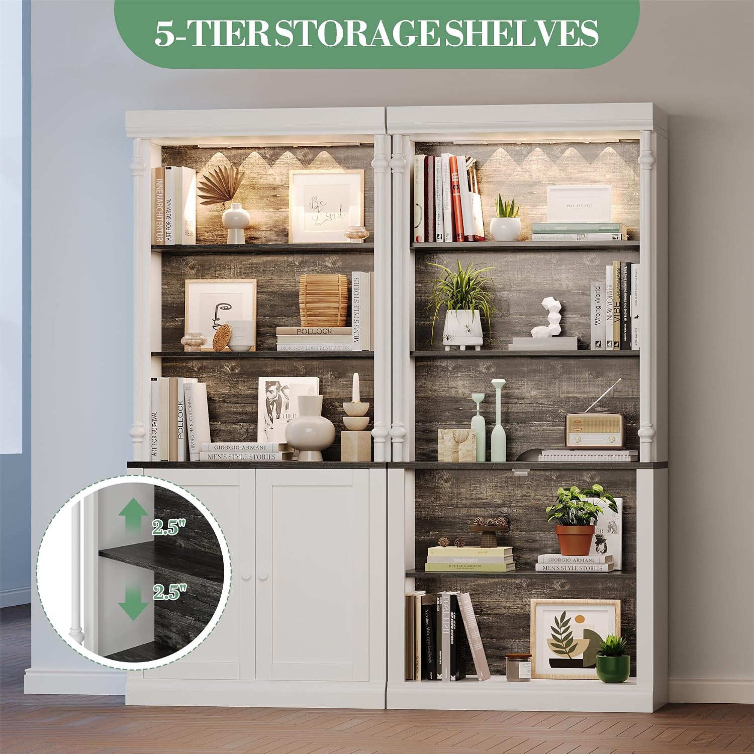 71 Inch Tall Storage Cabinet with LED Lights, Freestanding Pantry Cabinet with Double Doors and Adjustable Shelves, Roman Column Bookcase for Kitchen Dining Room Living Room