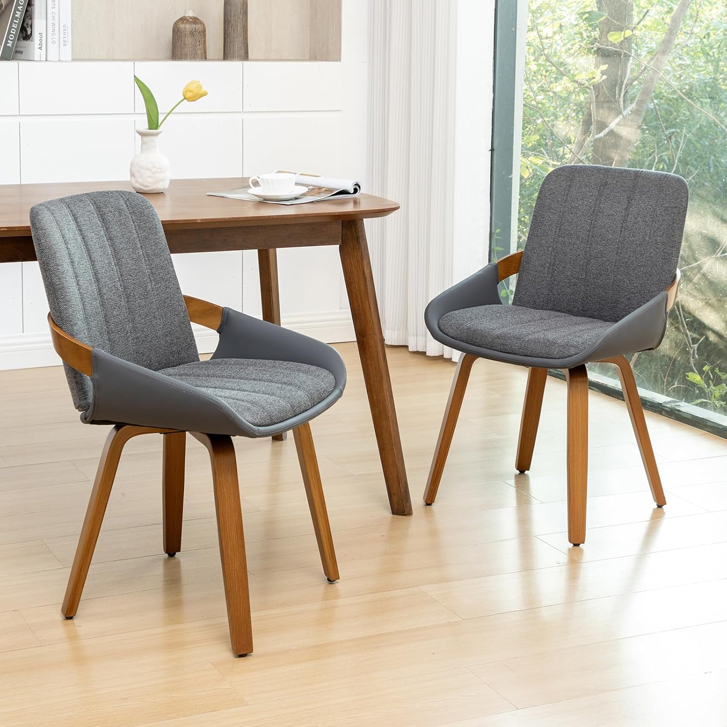 Dining Room Chairs Set of 4, Mid Century Modern Gray Fabric+Faux Leather Kitchen Chairs No Arms,Bamboo Legs Side Chairs No Wheels,Accent Chair for Dining Rooms