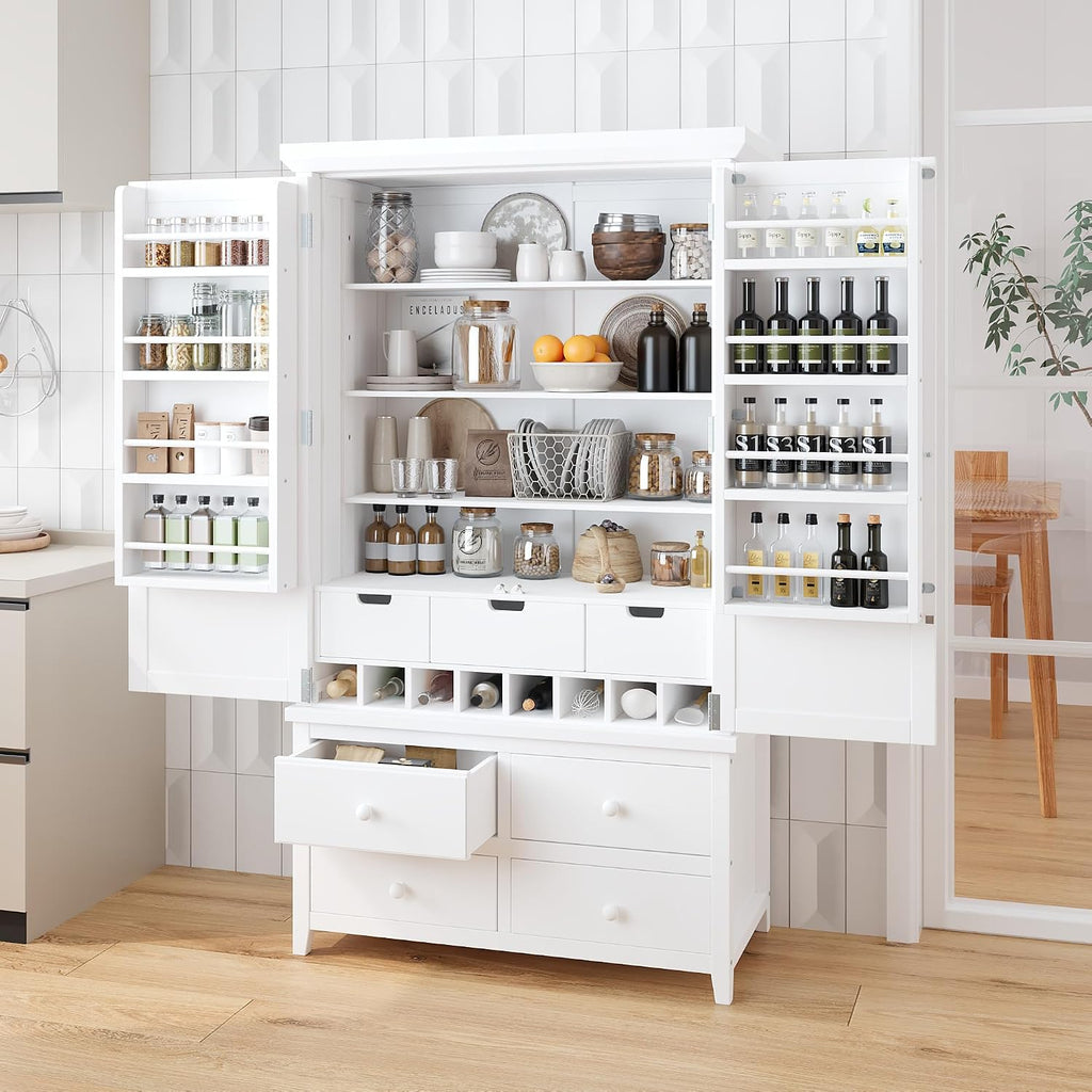 roomfitters Kitchen Pantry Organizers and Storage Kitchen Cabinet, Storage Hutch with Door Spice Racks, Wine Rack, White
