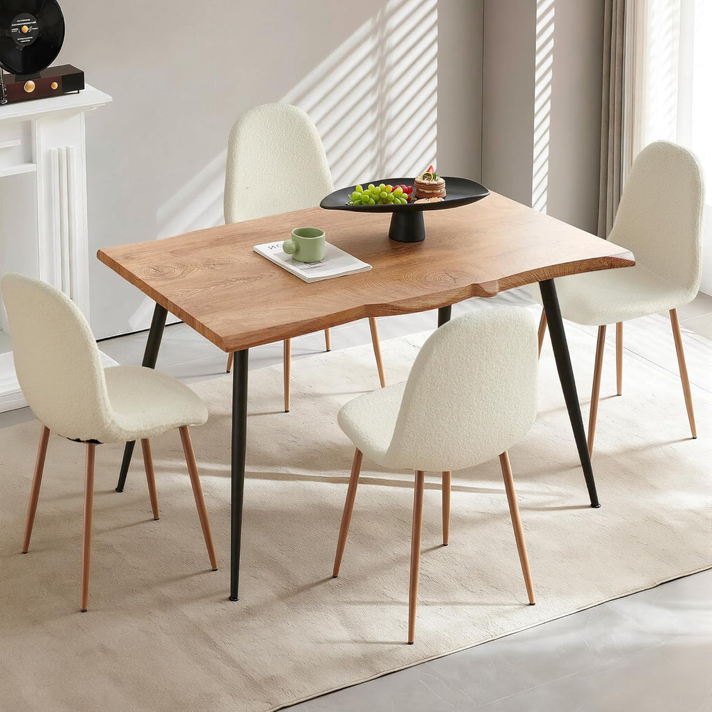 Howtek 5 Piece Dining Table Set, Modern Rectangular Kitchen Dining Room Table with 4 Teddy Fabric Dining Chairs, Space-Saving Kitchen Table Set for Apartment, Living Room, Small Space