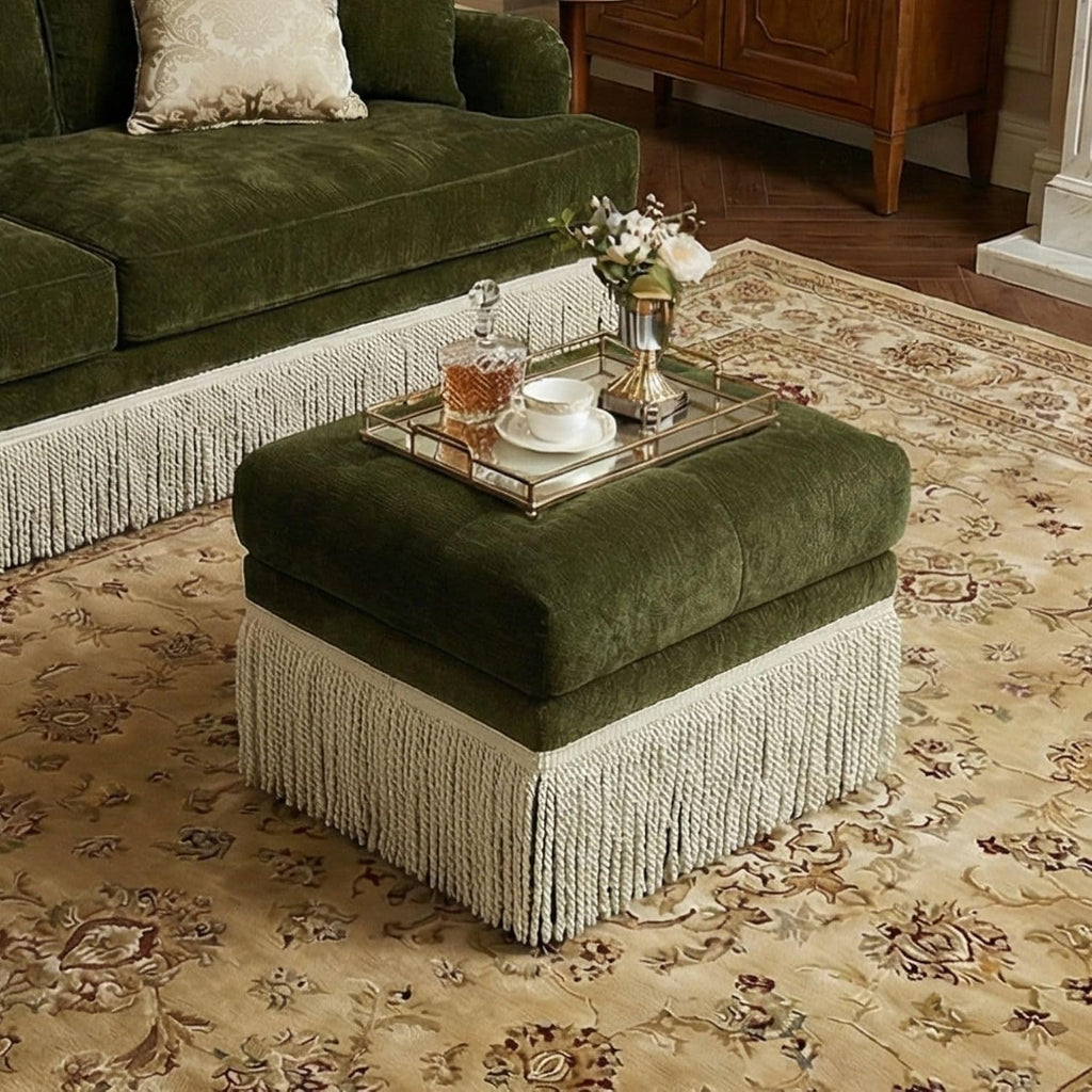 Hyfirm 22 Inch Square Green Ottoman with Fringe for Living Room, Plush Footstool Ottoman for for Bedroom, Modern Boho Upholstered Accent Pouf Ottomans Foot Rest