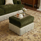 Hyfirm 22 Inch Square Green Ottoman with Fringe for Living Room, Plush Footstool Ottoman for for Bedroom, Modern Boho Upholstered Accent Pouf Ottomans Foot Rest