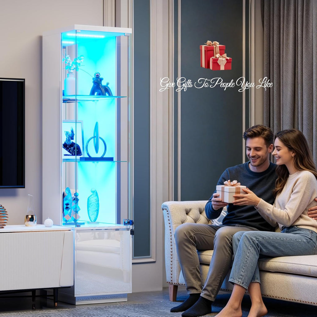 WOOVIVS 64.9" Glass Display Cabinet with Lock & 3-Color LED Lights, Tempered Glass Curio Cabinet with Mirror Back, Tall Display Shelf for Collectibles, Memorabilia (White)