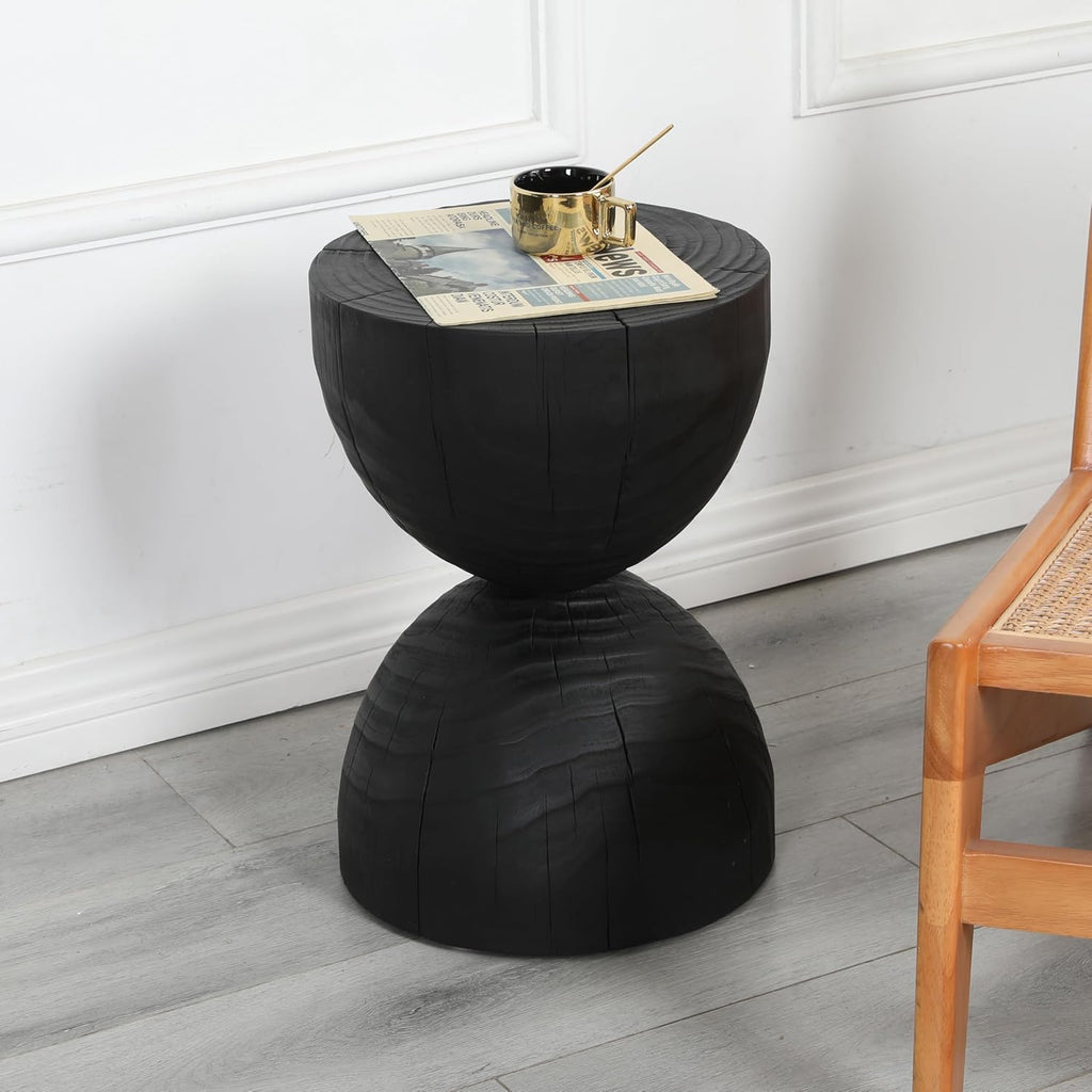 12.2 * 18.11" Solid Mango Wood Round Side Table,Contemporary Wooden Accent Table,Small Circle Plant Stand,Burnt Vintage Cracked End Table for Living Room,Bedroom,Black
