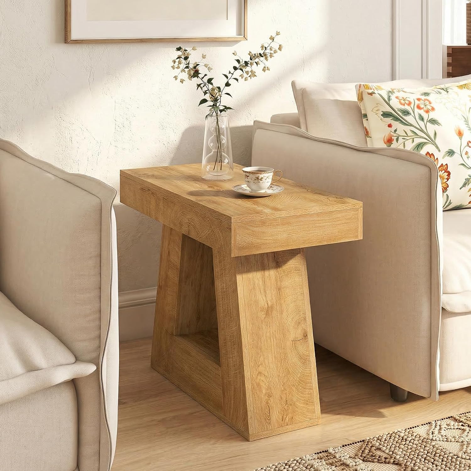 Tribesigns 24" Side Table, Narrow End Table with 2-Tier Storage Shelf, Farmhouse Wooden Nightstand Accent Table with Trapezoid Base for Living Room, Bedroom, Small Spaces, Natural Oak Color