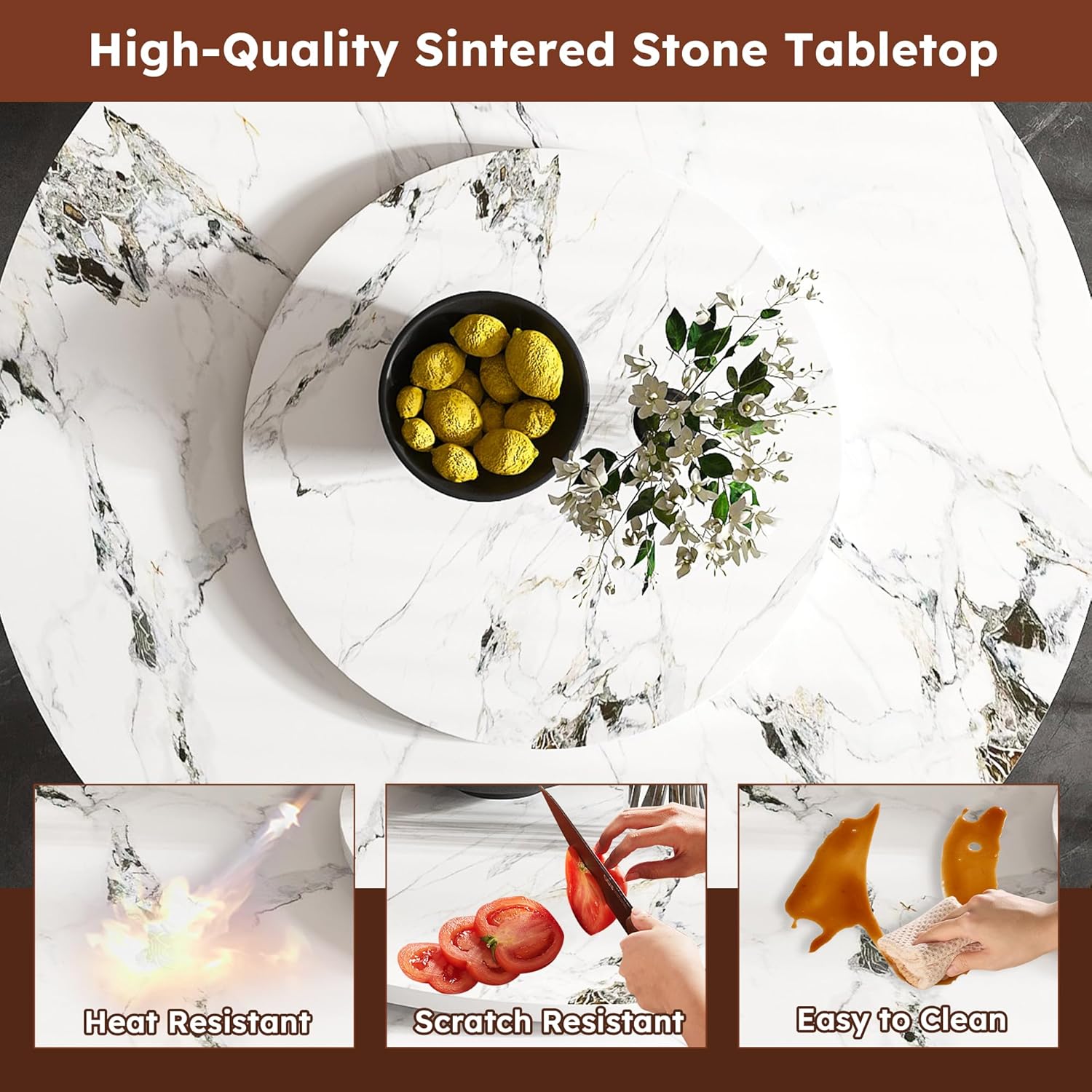 9-Pcs Round Dining Table Set with 31.5" Removable Lazy Susan, Modern Marble Dining Room Table Set of 8, Luxury 59" D Sintered Stone Dining Table with 8 Chairs and Stainless Steel Base for Home Kitchen