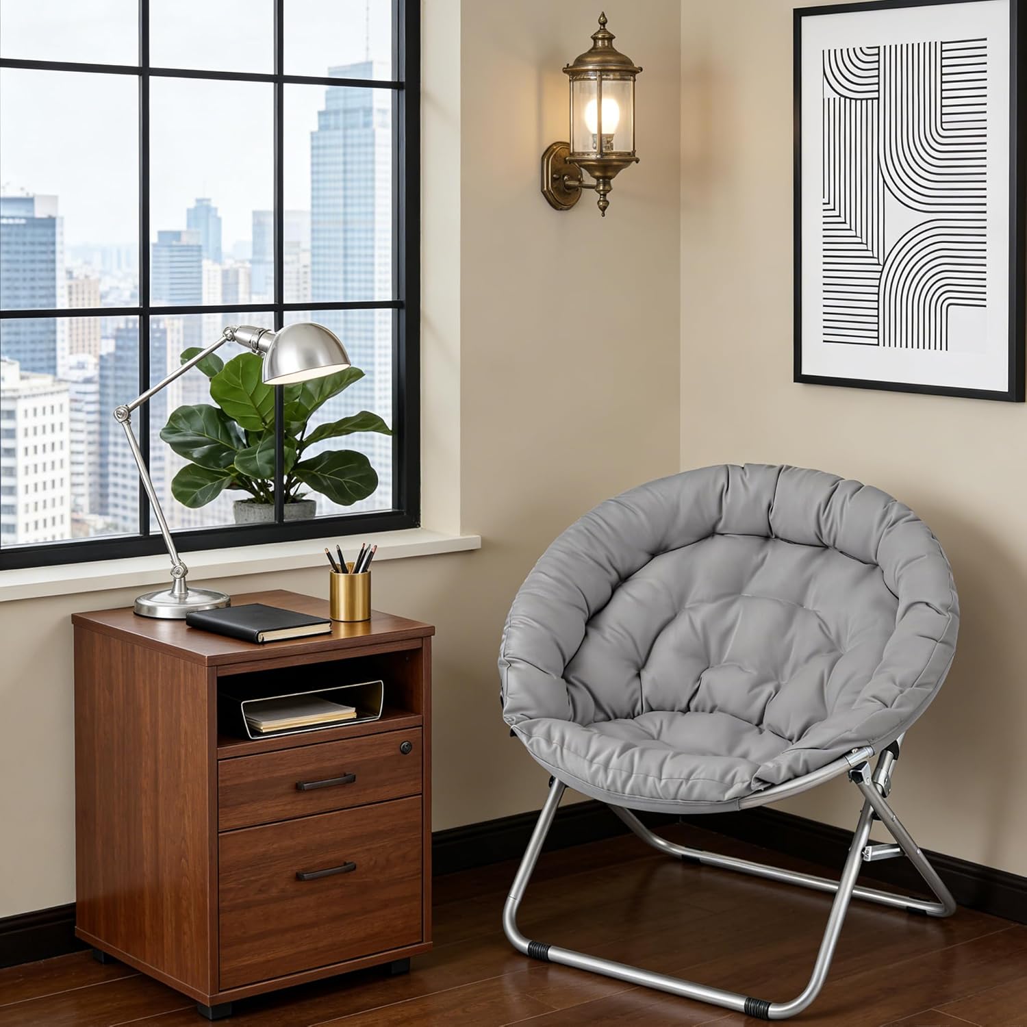 Magshion Oversized Folding Saucer Chair for Adults, Durable 600D Oxford Fabric & Sturdy Metal Frame, Comfy Circle Chair for Bedroom, Dorm, or Living Room (Grey, Set of 2)