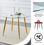 Gold Glass Round Dining Set for 2, 36'' Modern Minimalist Luxury Circle Dinner Room Set, 3 Piece Clear Glass Circular Kitchen Table with Pink Woven Chair Set, for Small Apartment Home