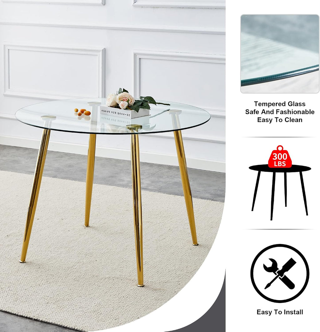 Gold Glass Round Dining Set for 4, 36'' Modern Minimalist Luxury Circle Dinner Room Set, 5 Piece Clear Glass Circular Kitchen Table with Navy Blue Woven Chair Set, for Small Apartment Home