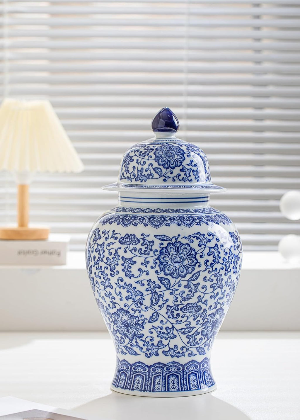 Blue and White Ginger Jar, Ceramic Chinoiserie Decorative Jars for Home, Office, Flower Vase Pocelain, Glossy Vase for Table, Living Room, Bookshelf, Mantle Fireplace, Centerpieces,15" H