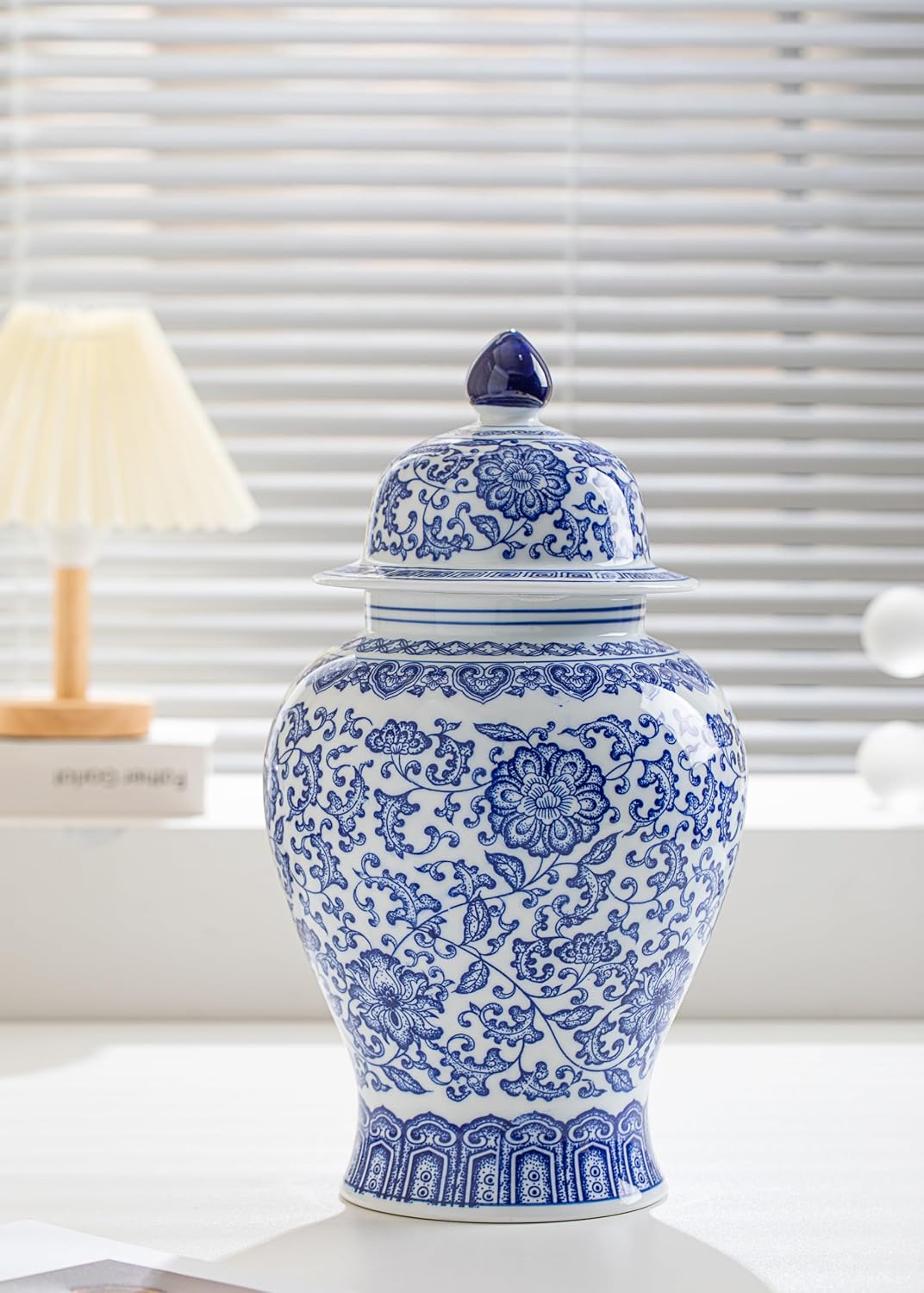 Blue and White Ginger Jar, Ceramic Chinoiserie Decorative Jars for Home, Office, Flower Vase Pocelain, Glossy Vase for Table, Living Room, Bookshelf, Mantle Fireplace, Centerpieces,15" H