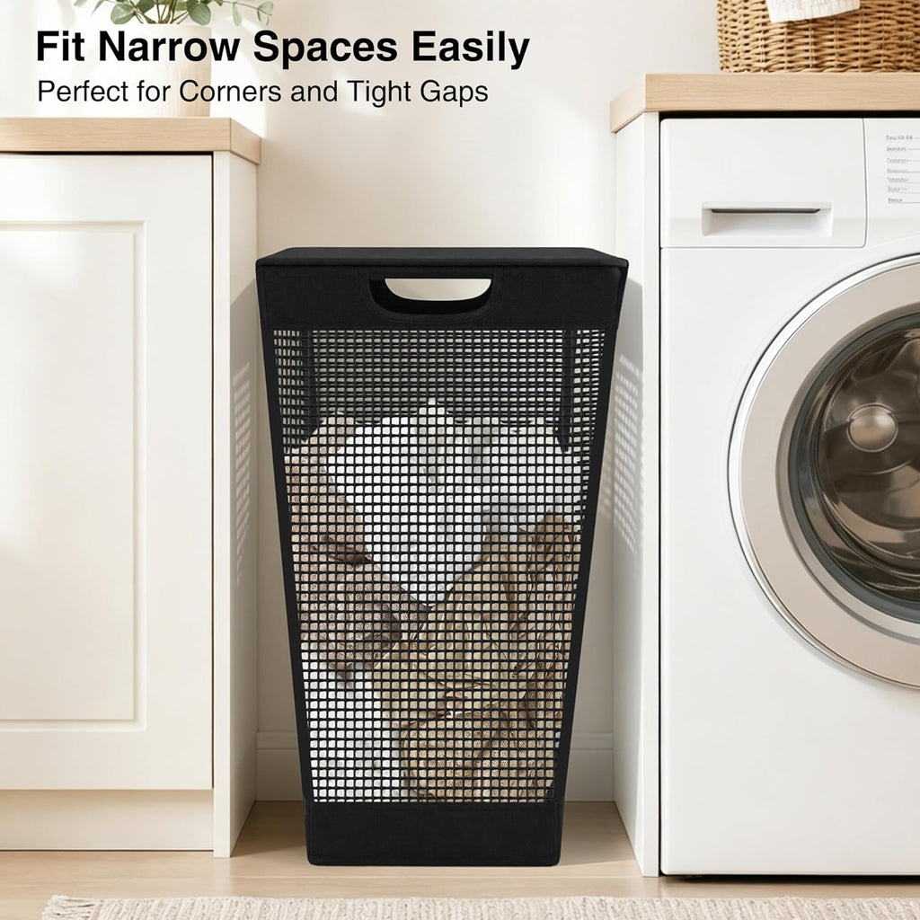 STO STO 75L Laundry Hamper with Lid, Black Clothes Hamper with Handles, Breathable Vinyl Mesh Laundry Basket, Sturdy Steel Frame, Space Saving Laundry Bin for Bathroom, Bedroom, Dorm, Small Spaces