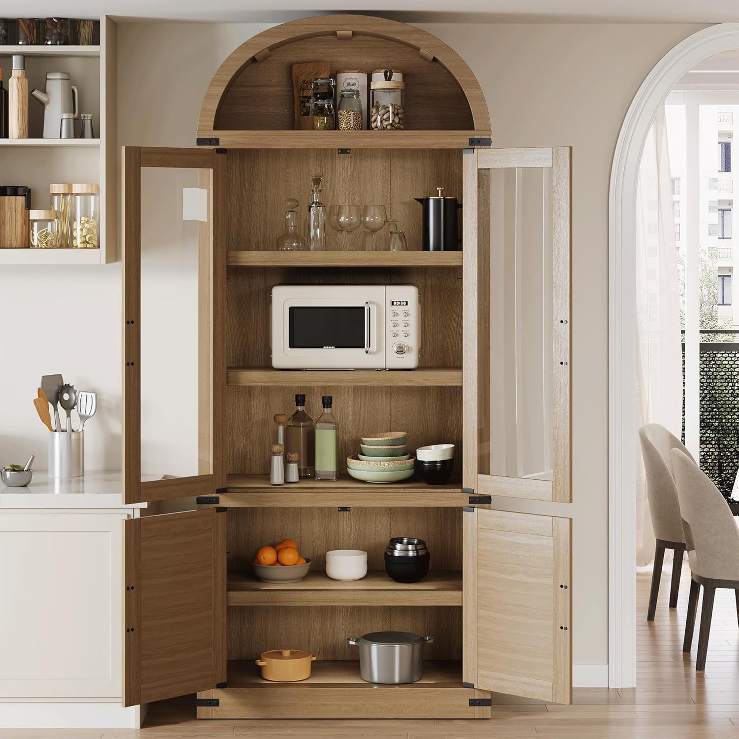 Kitchen Pantry Cabinet, Arched Bookcase with Doors, Wooden Display Cabinet with Storage Shelves, Farmhouse Bookcase for Living Room, Kitchen, Dining Room & Office