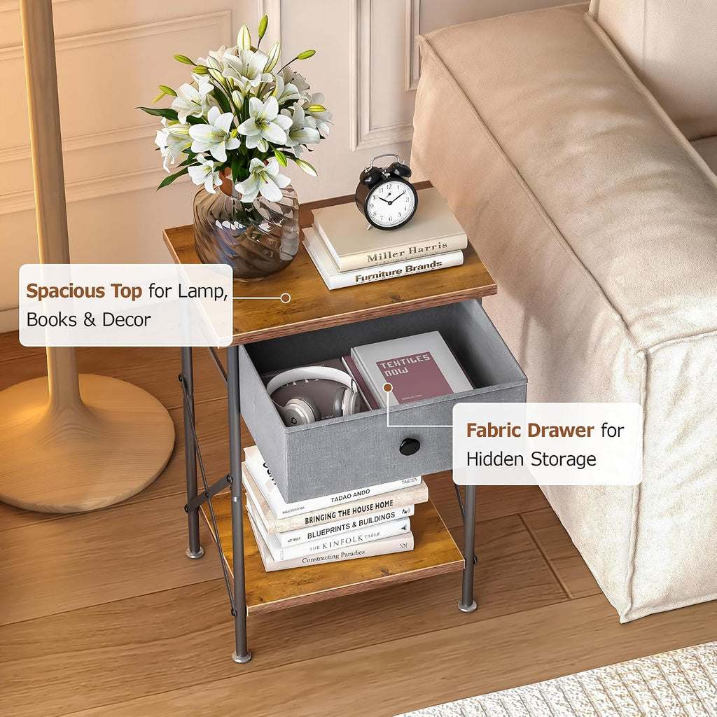 VECELO Night Stand Set of 2, Nightstand for Apartment, Dorm End Table for Small Spaces, Wood Side Table for Living Room, Bedside Table with Drawer for Bedroom, Easy Assembly, Rustic Brown