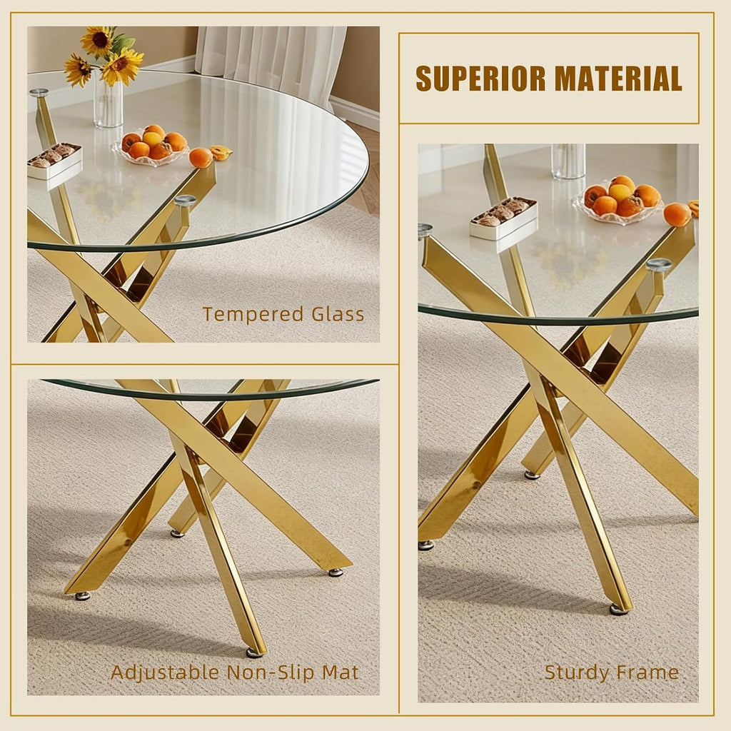 35.4 Inch Glass Dining Table for 4, Modern Round Kitchen Table with Gold Legs, Spacious Dining Room Furniture for Apartments, Studio, and Open Kitchen & Dining Areas