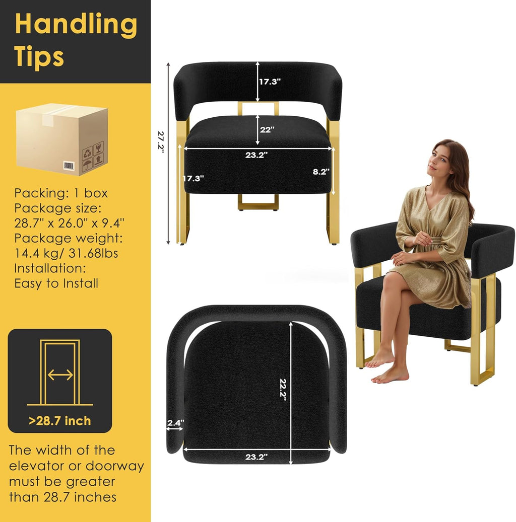 STHOUYN Modern Black Boucle Dining Chairs Set of 4 with Gold Metal Legs, Mid Century Barrel Kitchen Chairs Set, Upholstered Accent Armchairs Dining Room Set, Living Room, Apartment (Black, 4pcs)