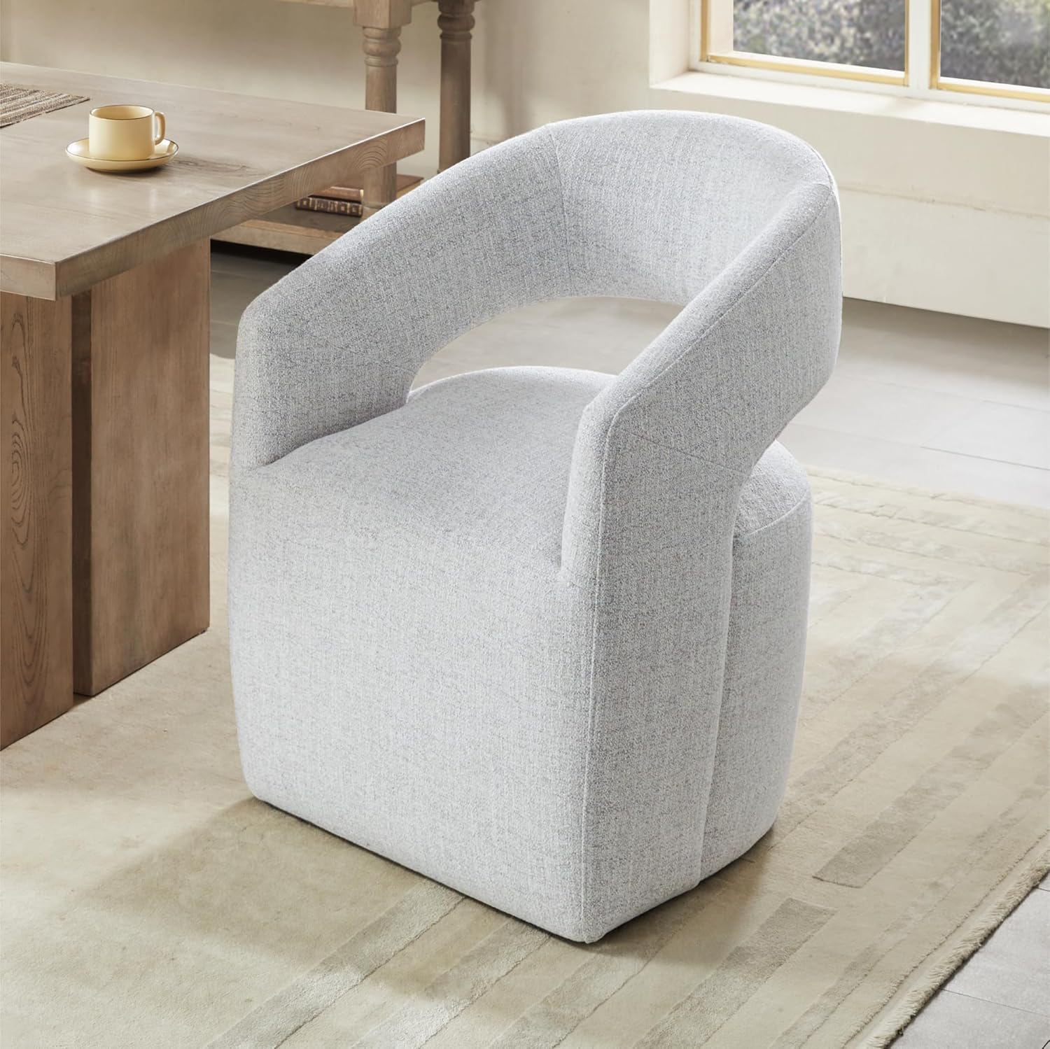 KISLOT Upholstered Dining Chairs with Casters, No Assembly Modern Barrel Armchair with Rollers for Dining Room, Bedroom, Living Room, Reading Room, Home Office, Set of 2, Light Grey