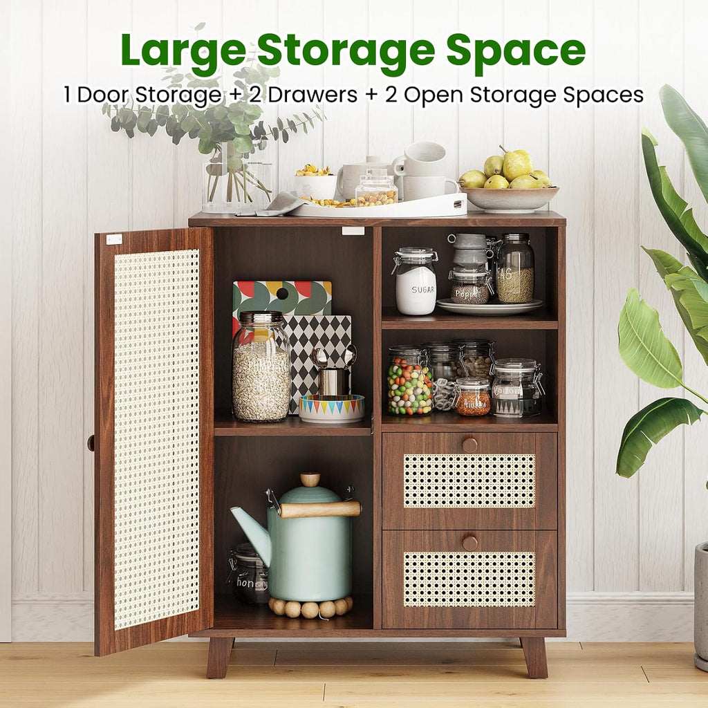 Farini Side Buffet Cabinet with Rattan Doors,Kitchen Sideboard with 2 Drawers Coffee Bar Storage Console Table,Walnut,27.6 inch