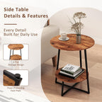Round End Table - 23.6" H Side Table with Metal Frame, Industrial Accent Tables for Living Room Bedroom, Rustic Brown (2 Packs)