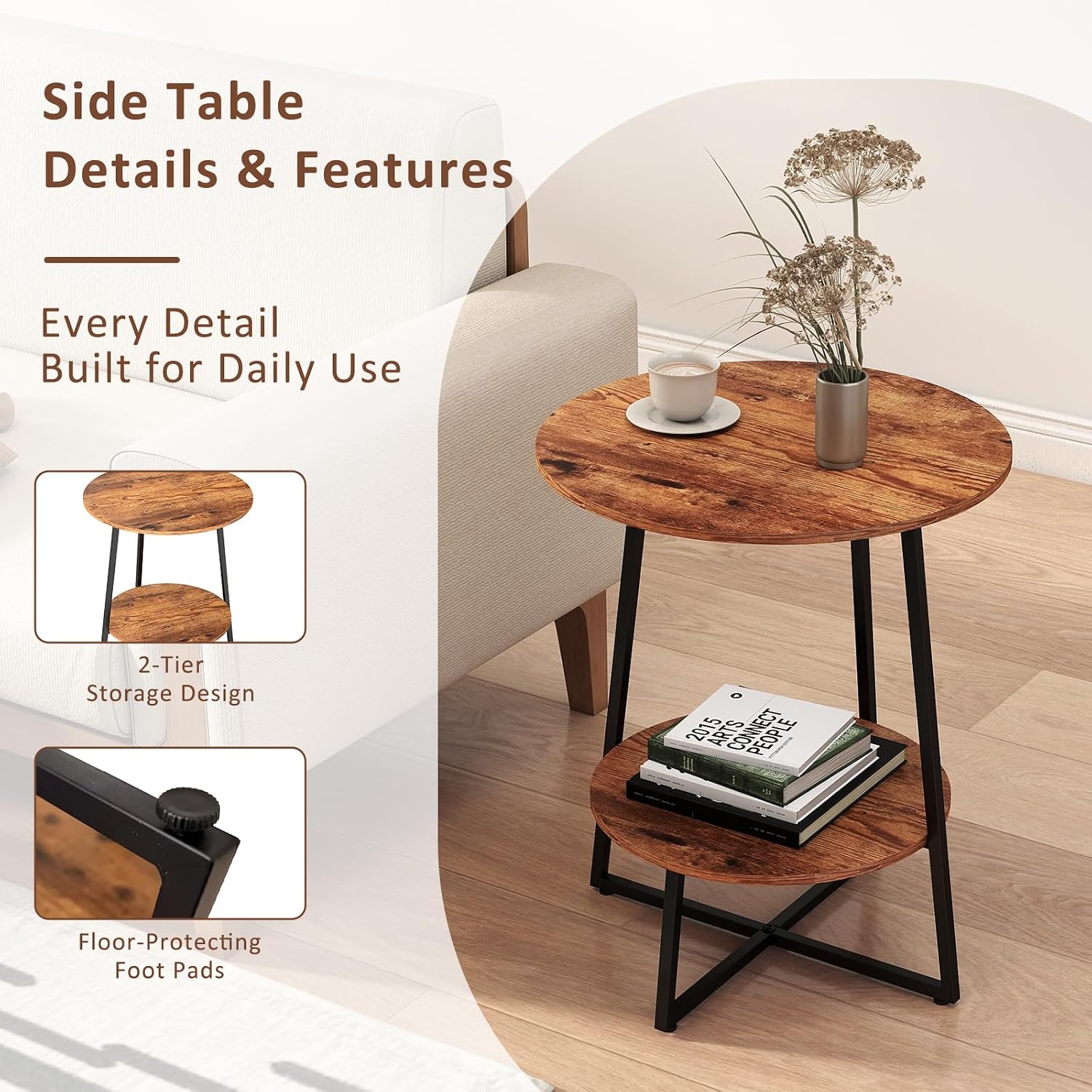 Round End Table - 23.6" H Side Table with Metal Frame, Industrial Accent Tables for Living Room Bedroom, Rustic Brown (2 Packs)