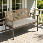 NOBLEMOOD Outdoor Patio Bench with Cushion, 2-Person Garden Loveseat Bench with Wicker Backrest, Aluminum Frame for Outside, Garden, Lawn, Front Porch, Backyard