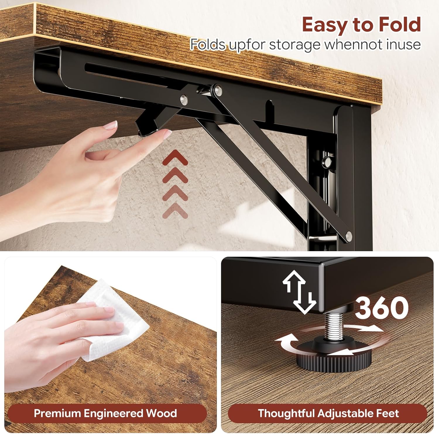 Simple Trending Folding Side Table, C Shaped End Table, TV Tray Couch Table for Living Bedroom, Rustic Brown
