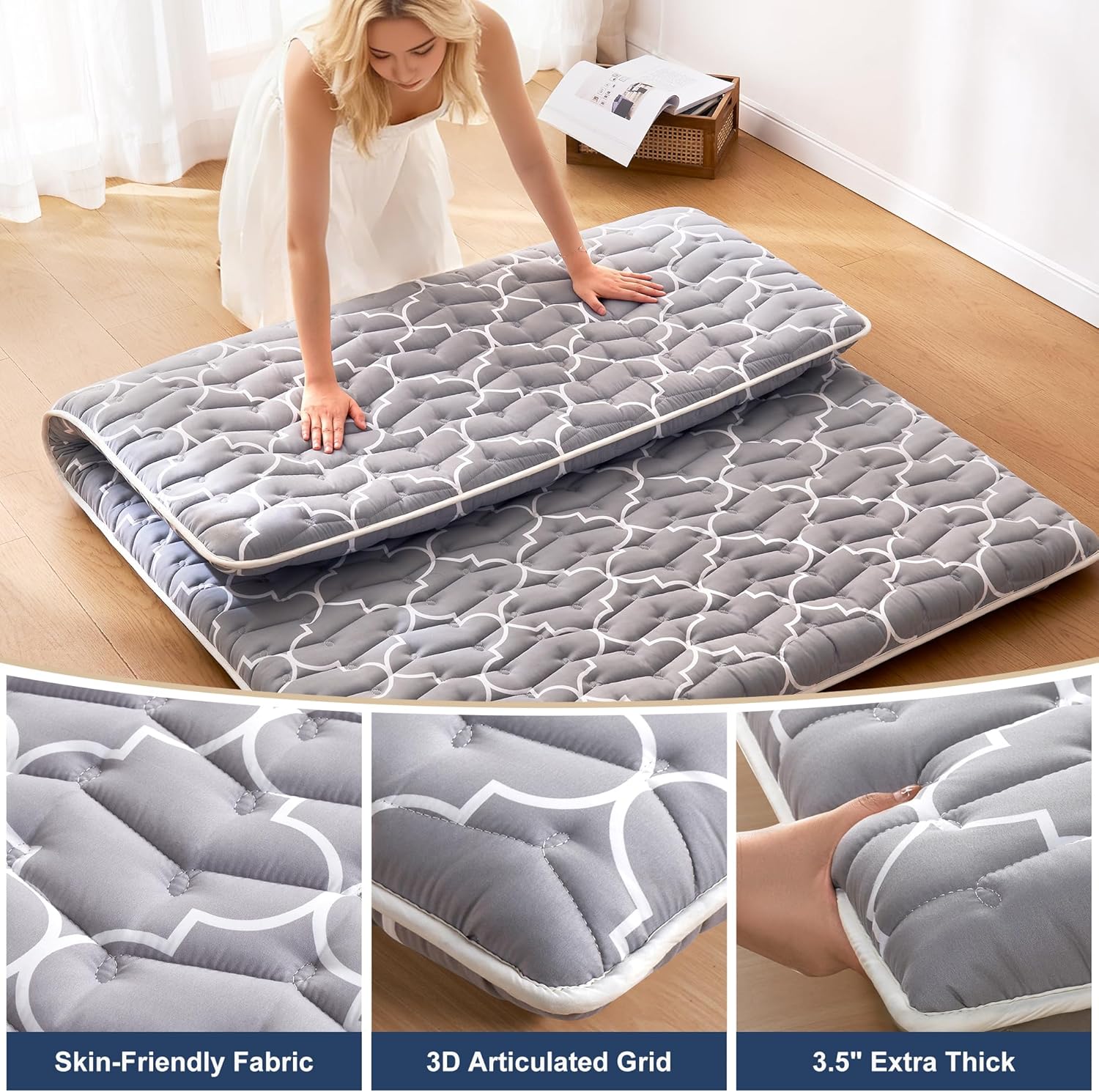 6th Generation Japanese Floor Futon Mattress - Extra-Thick 9-Layer Modern Futon with 100% High-Density Foam, Portable Floor Mattress Sleeping Pad for Adults, Guest Room, Dormitory, Twin Size (39"X80")