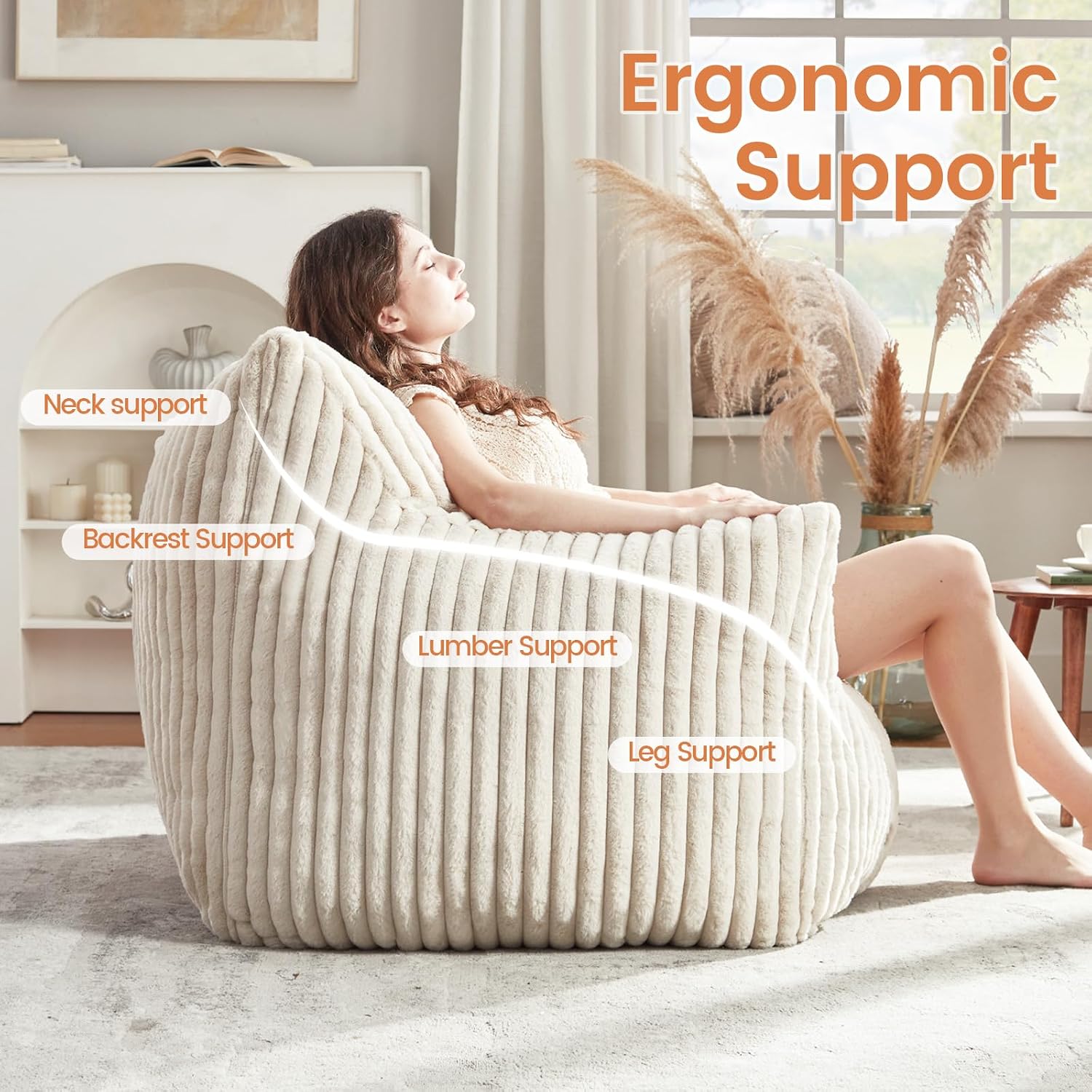 Giant Bean Bag Chair for Adults Teens with Armrest Large BeanBag Couch Sofa | with Foam Filling,Back Support,Comfy Faux Fur,Beige Plush Reading Chair Floor Sofa for Bedroom,Living room,Dorm