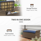 Weather-Resistant PE Rattan Bench 43.25x17.75x20.25in w/Dark Blue Cushion, 29-Gallon Enclosed Storage, 352lb Static Load, Garden Durable