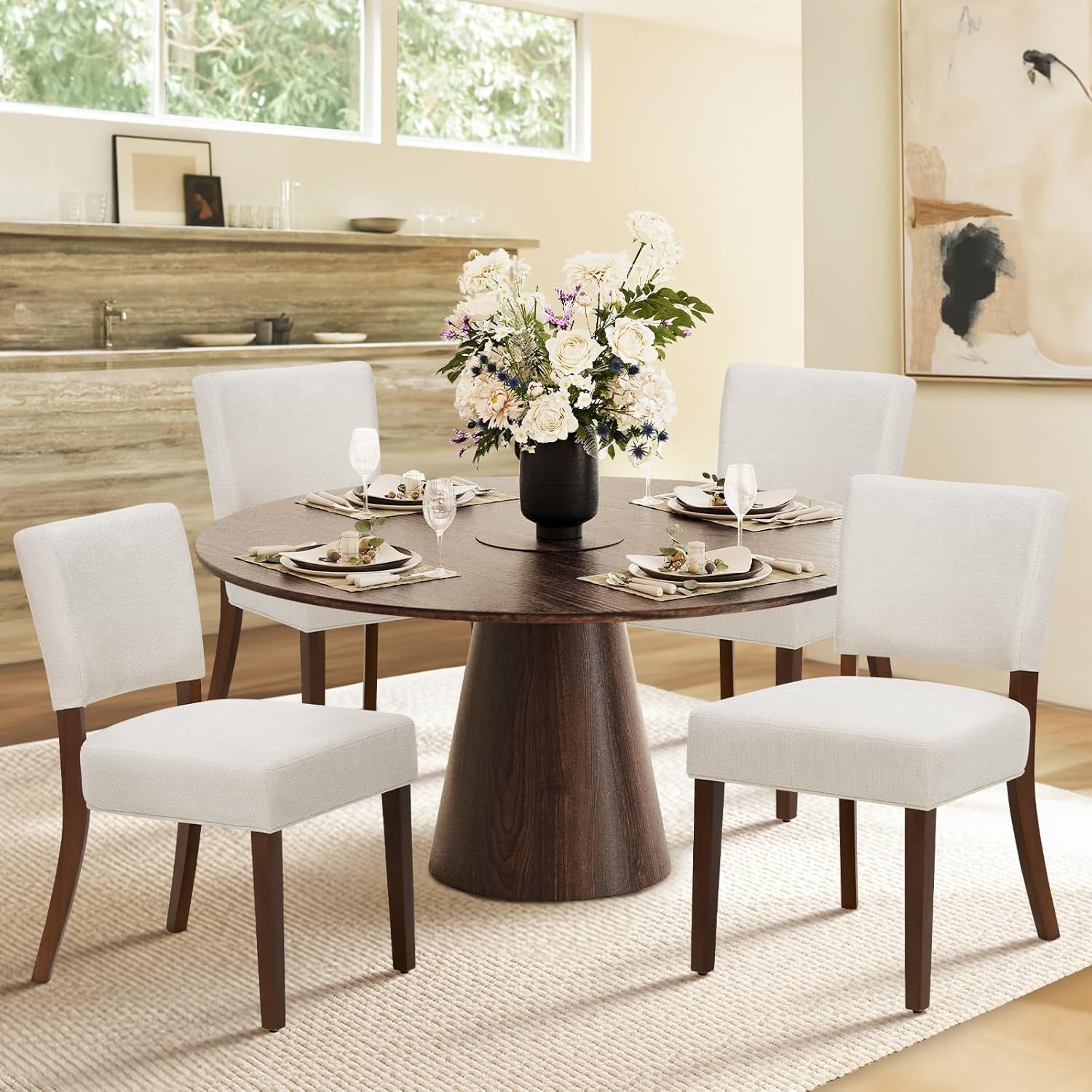COLAMY Upholstered Dining Chairs Set of 2, Fabric Kitchen Chairs with Padded Seat & Back, Solid Wood Legs, Modern Simple Dining Room Chairs for Kitchen, Dining Room, Living Room, Beige