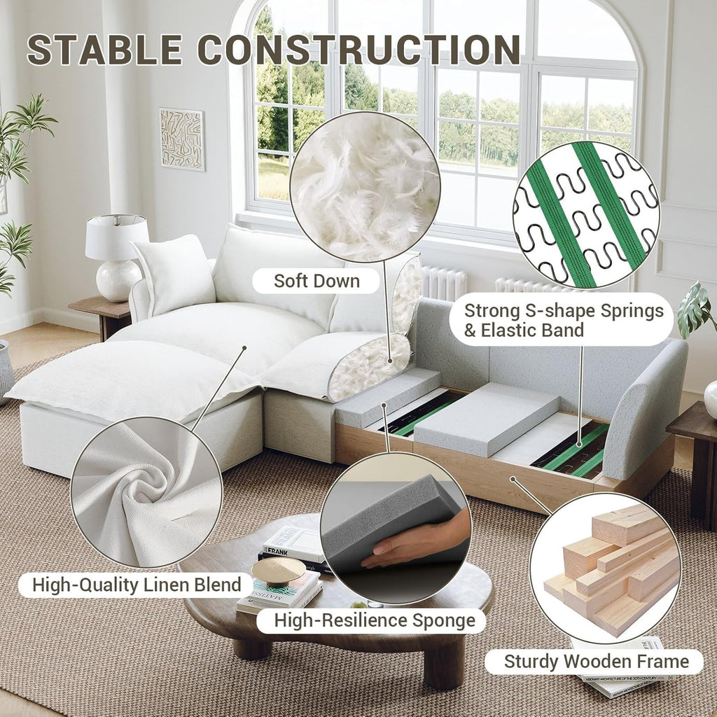 114” Cloud Sectional Couch, Comfy Down Filled Modular Sectional Sofa with Washable Cover, L Shaped 3 Seater Modular Couch with Ottoman, Sectional Couches for Living Room, Cream White