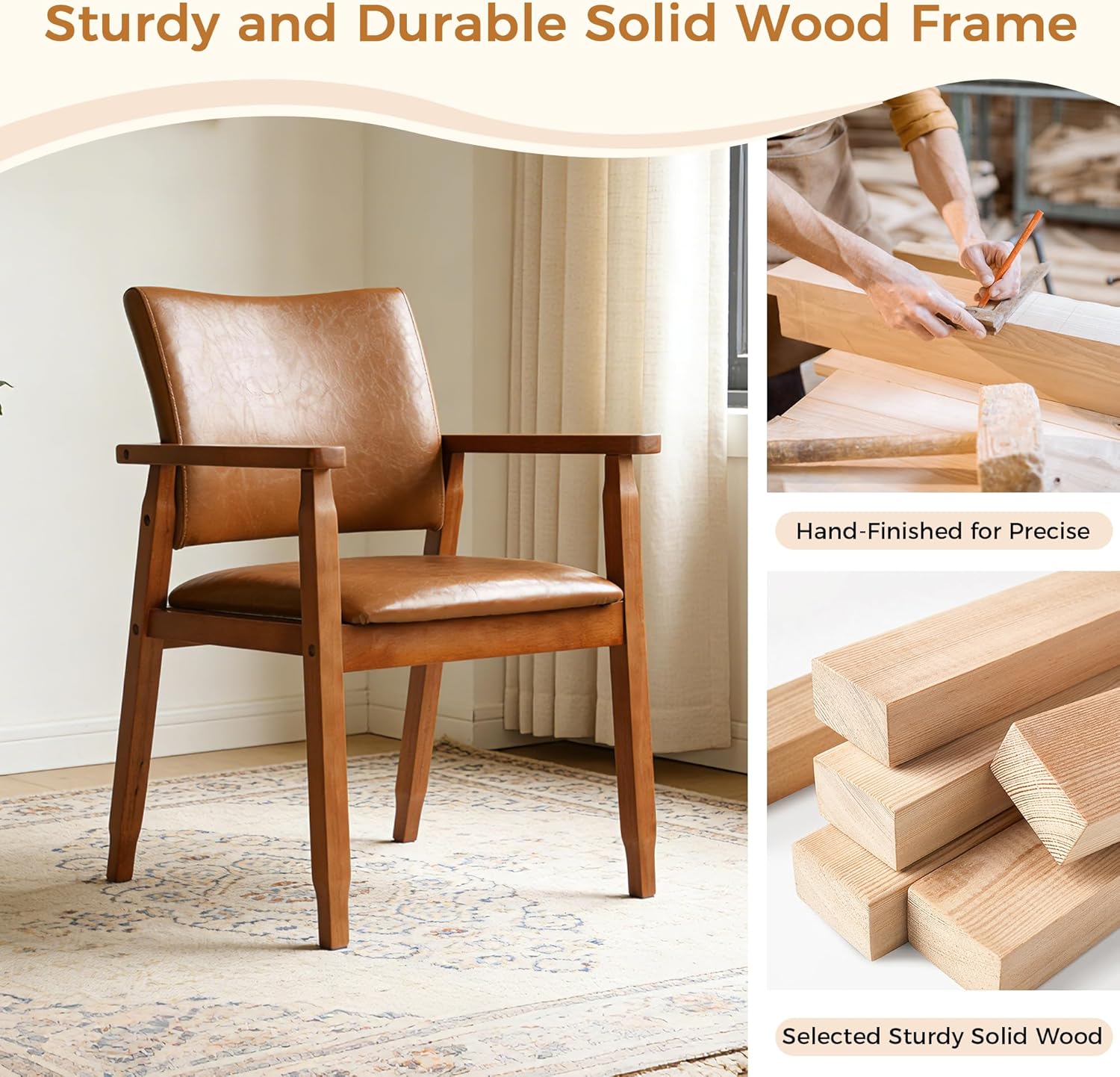 NOBPEINT Mid-Century Modern Dining Chairs with Armrest Set of 4, PU Leather Upholstered Dining Room Chairs with Solid Wood Frame, Walnut Kitchen Armchairs for Kitchen Living Room Restaurant, Brown
