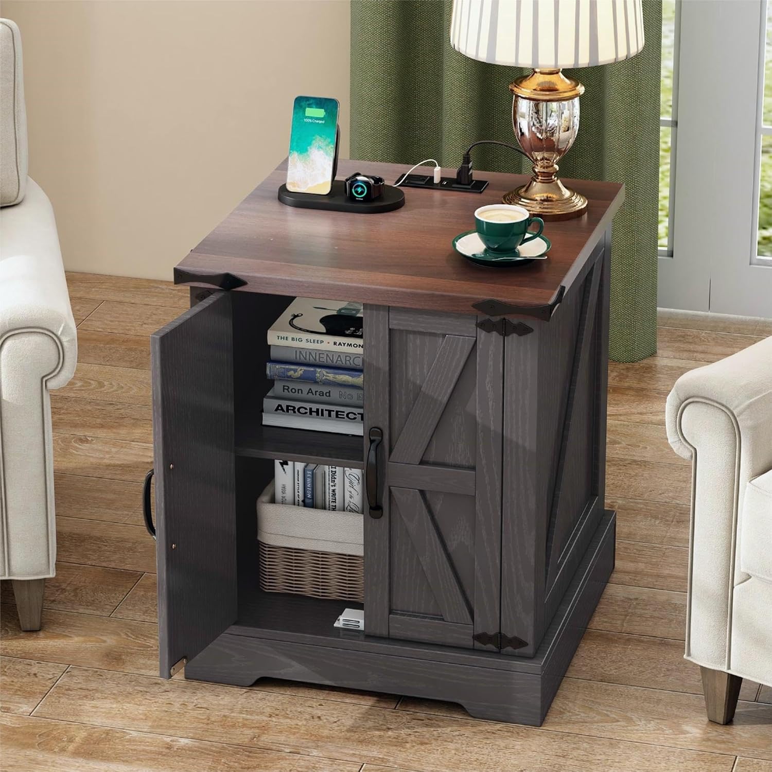 Farmhouse End Table, Rustic Wood Nightstand with Adjustable Shelf, 19.6" W Versatile Walnut Sofa Side Table with Barn Doors & Retro Hinges for Bedroom, Living Room (Grey-6x)