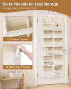 Criusia Over the Door Organizer, Extra Large 12 Compartments Closet Hanging Storage with 14 Mesh Pockets, 85lbs Capacity Behind the Door Storage for Baby Nursery, Bathroom, Bedroom, and Dorm, Beige