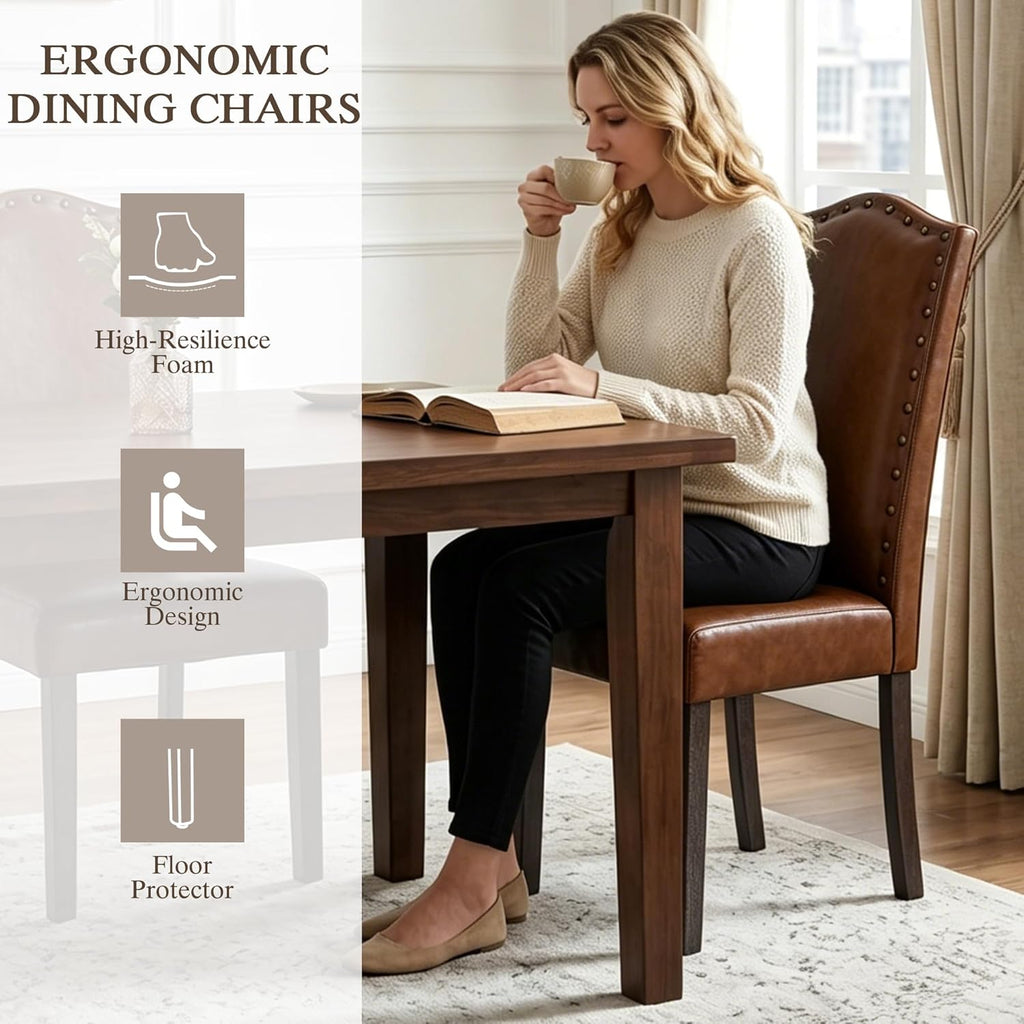 LSSBOUGHT PU Dining Chair Set of 2 Upholstered Parsons Kitchen Chair with Copper Nails and Solid Wood Legs for Dining Room,Restaurant(Brown, 2PCS)