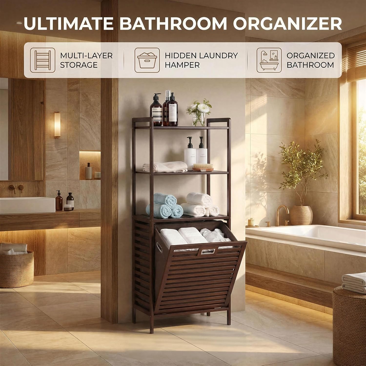 Baveke Bamboo Laundry Hamper with 3 Tier Shelves, Tilt Out Laundry Basket with Removable, Bathroom Storage Cabinet for Dirty Clothes, Hidden Corner Laundry Hamper for Bedroom, FSC-Certified, Brown