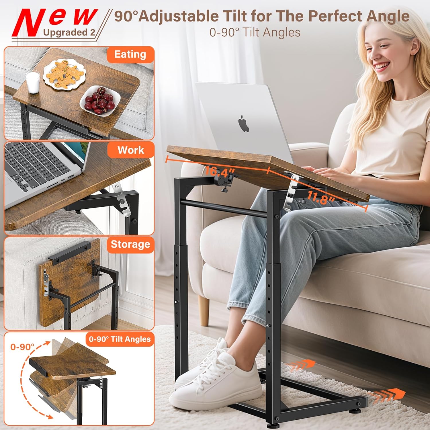 Upgrade Tv Tray Table Set of 2, 8-Level Adjustable Height Couch Side Table, 90° Tilt Angle Foldable C-Shaped End Table with Phone & Tablet Slot Sofa Computer Desk for Couch,Sofa,Bed,Chair,Living Room