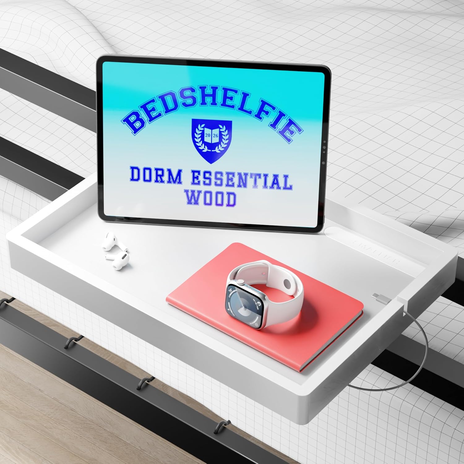 BedShelfie Wood Bedside Shelf for Dorm Room - White | Bunk Bed & Top Bunk, College Dorm Room Essentials, Loft Nightstand, Floating Bed Side Table Tray, By Smallish