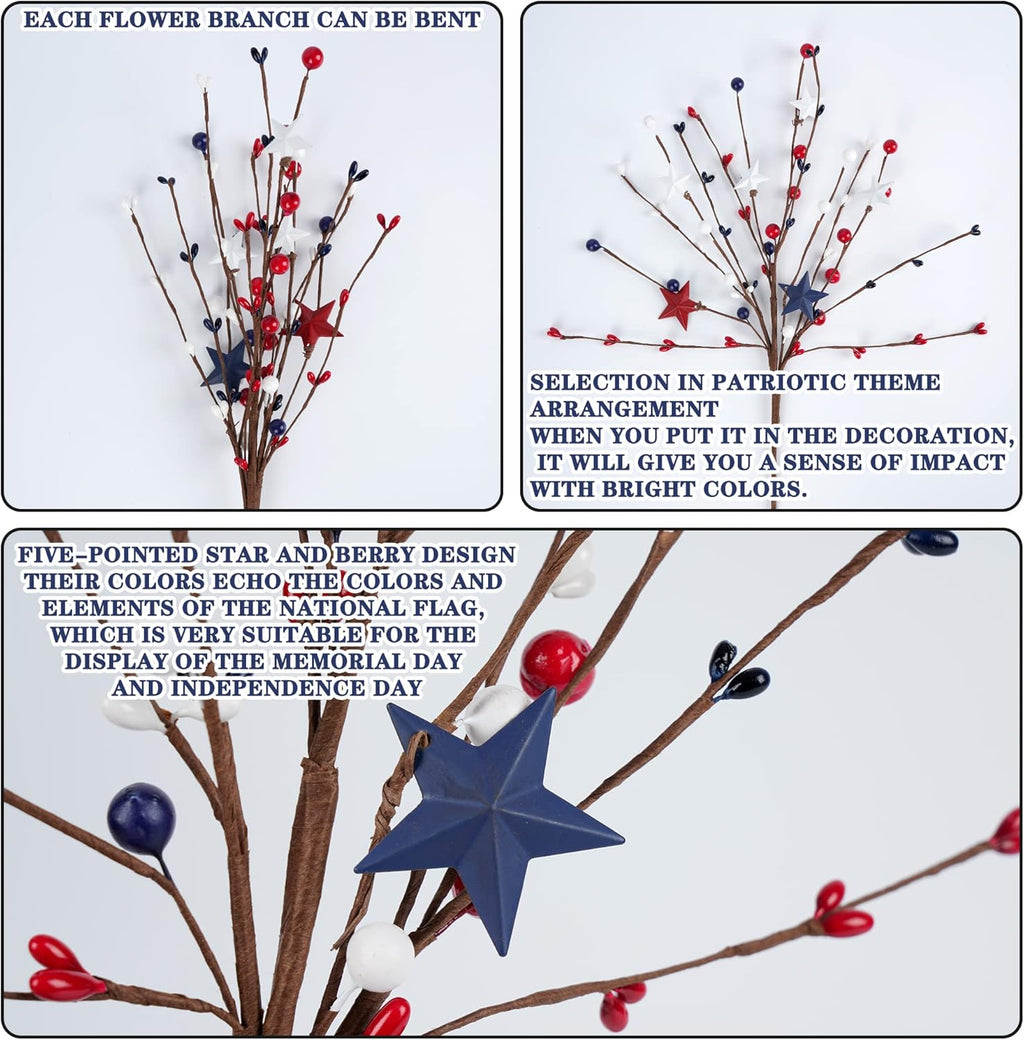 4 Pack Patriotic Artificial Berry Stem Picks White Blue Red Stars for 4th of July Independence Day, Pentagram Faux Berry Branches Decoration for Home Office Restaurant Vase Décor