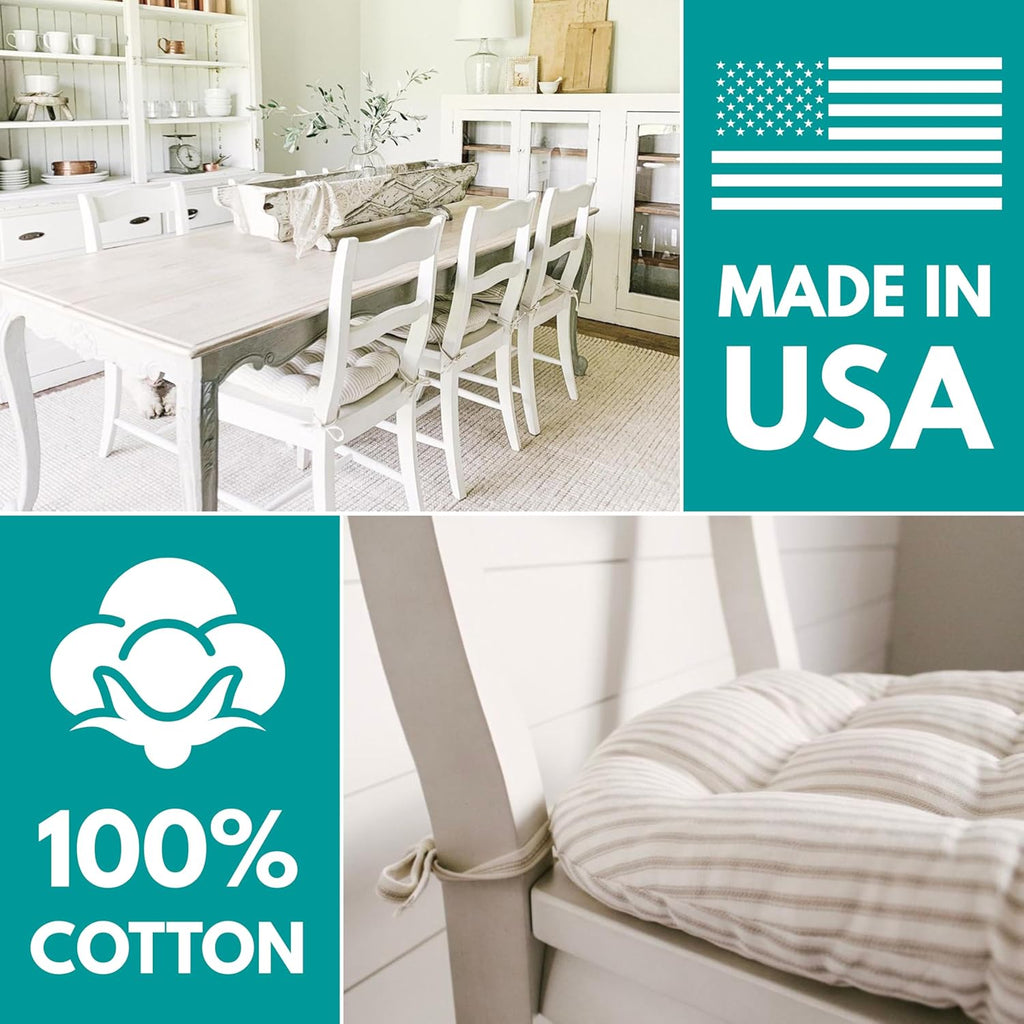 Barnett Home Decor Chair Cushions for Dining Chairs - 15x17 Kitchen Chair Cushions - Machine Washable, 100% Cotton - Made in USA - Latex Foam Comfort Chair Pads - Ticking Stripe Black Small Pack of 4