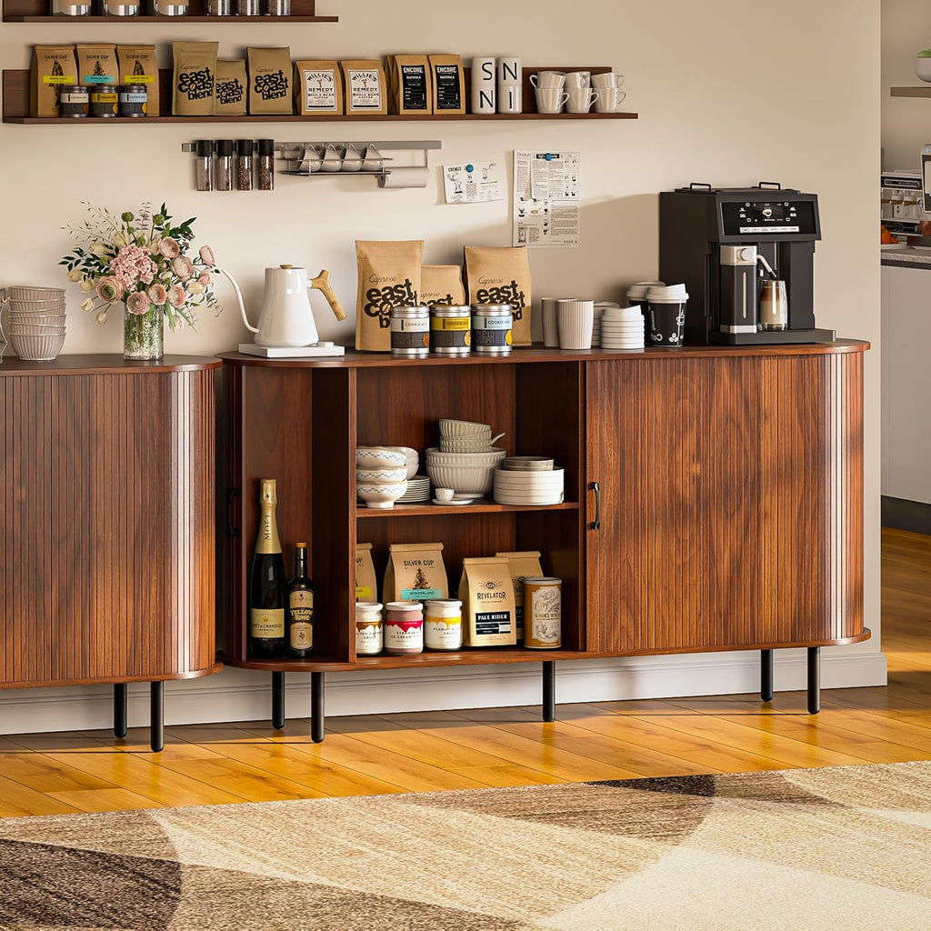 PUKAMI 55" Wood Buffet Sideboard Cabinet with Storage, Mid-Century Modern Coffee Bar Cabinet with Sliding Doors & Shelves, Accent Credenza Console Table for Kitchen, Dining Room, Entryway